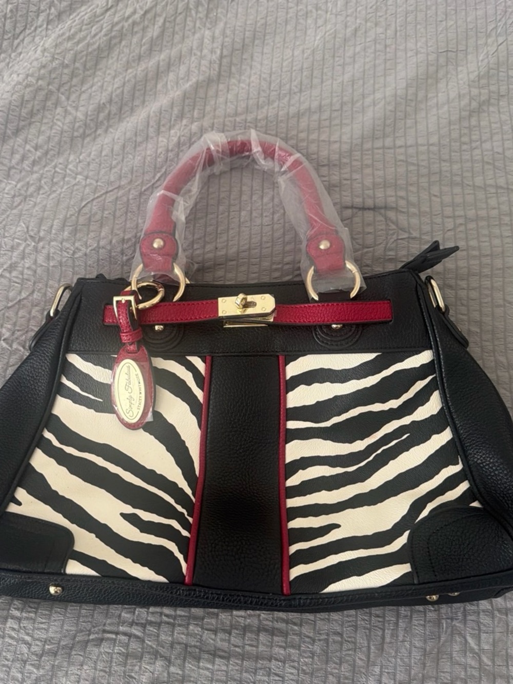 Designer Zebra-Print Satchel Handbag in Black, White & Red